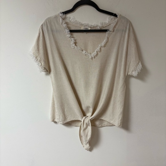 Umgee Tops - Umgee Womens Cream V-Neck Tie-Front Top Linen Blend Small